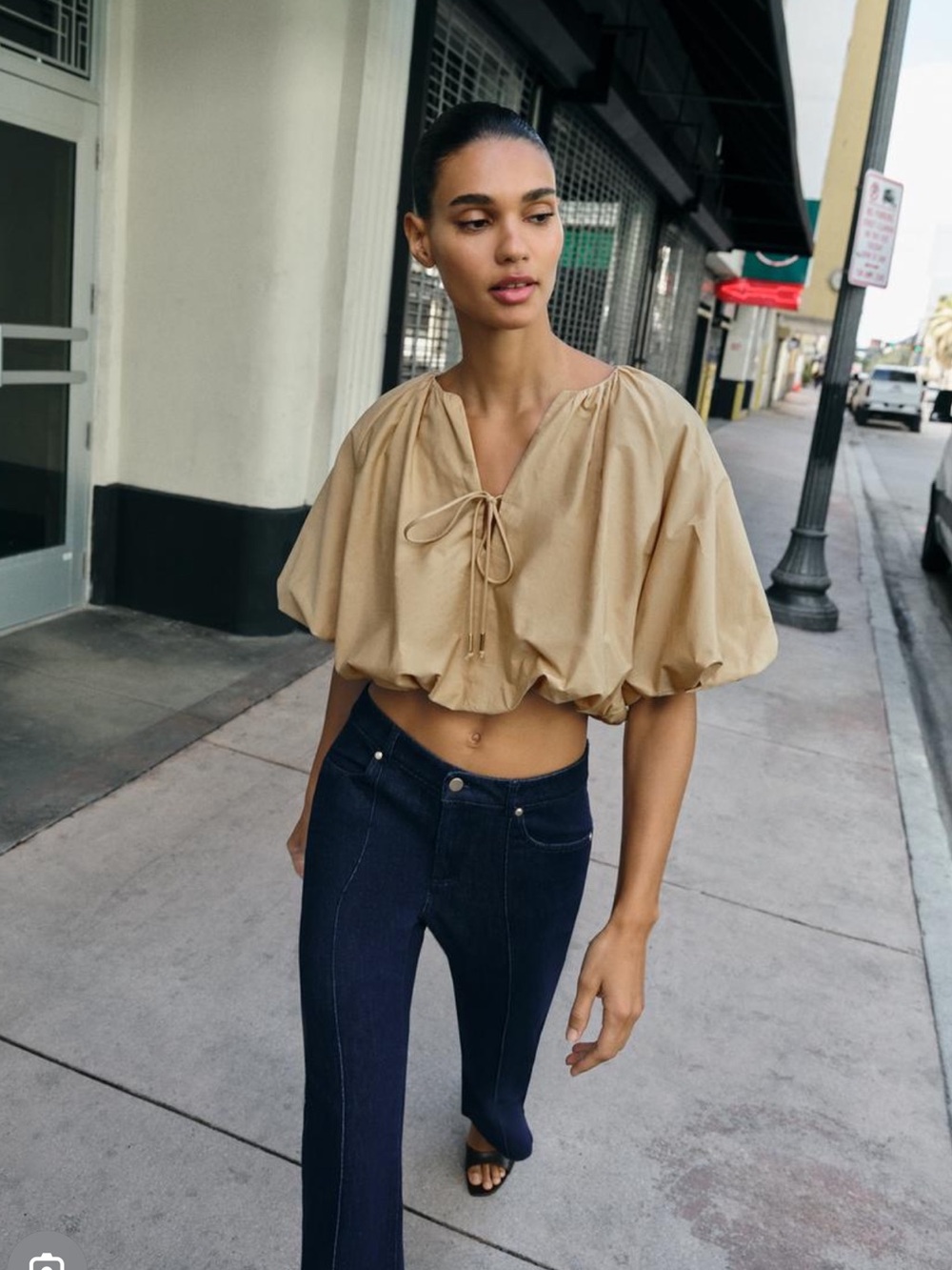 Zara Beige Balloon-Sleeve Tie-Front Crop Top